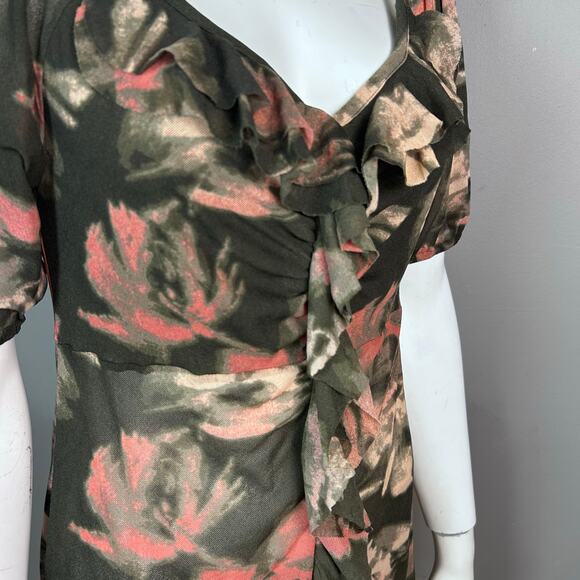 DKNY Top Small Short Sleeve Ruffle Floral Black whimsigoth grunge y2k gauzy pink - Picture 2 of 9